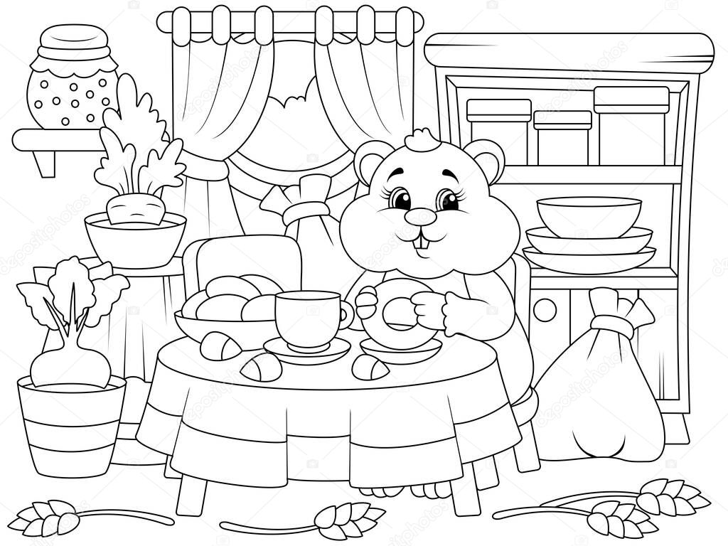 Cheerful hamster eats in the kitchen, home interior. Children coloring book.