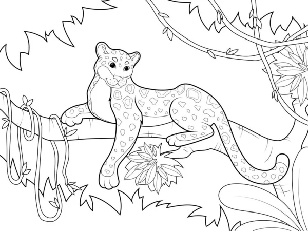 África, o leopardo senta-se no galho da árvore, à volta do rastejante. Crianças para colorir, linhas pretas, fundo branco. — Vetor de Stock