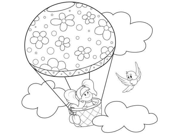 Fille voyage en montgolfière, oiseau vole à proximité. Colorant pour enfants, lignes noires, fond blanc. — Photo