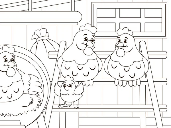 在农场的鸡舍里养小鸡的母鸡。儿童彩绘，黑线，白色背景. — 图库照片