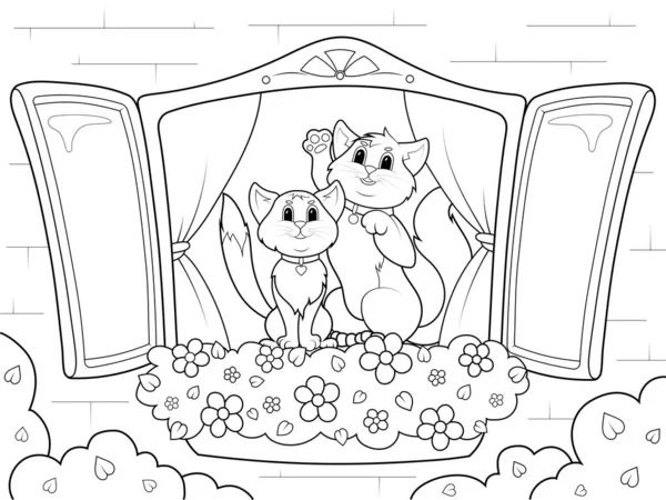 Family of cats is sitting on the windowsill, view from window. Children coloring book. — Vector de stock