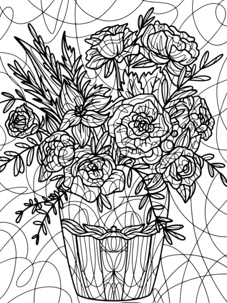 Bloemen wilde roos in een vaas, witte achtergrond. Kleurboek antistress voor kinderen en volwassenen. — Stockfoto