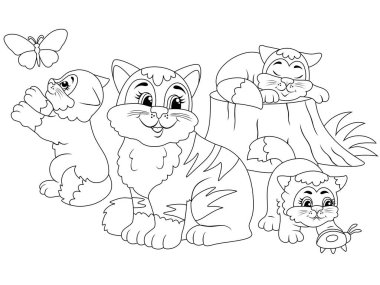 Mother cat and kittens play. Isolated picture. Raster illustration, children coloring book.