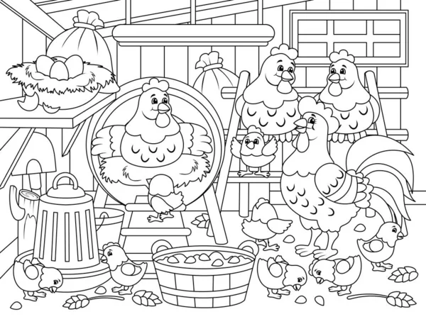 Locales agrícolas, gallinero. Aves de granja, familia de gallinas. Ilustración de trama, libro para colorear para niños. — Foto de Stock