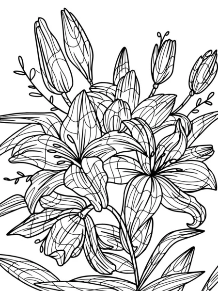 Flowers lilium isolated object. Coloring book antistress for children and adults. Zen-tangle style. — ストック写真