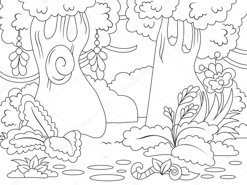 Magical forest. Raster illustration, page coloring book.