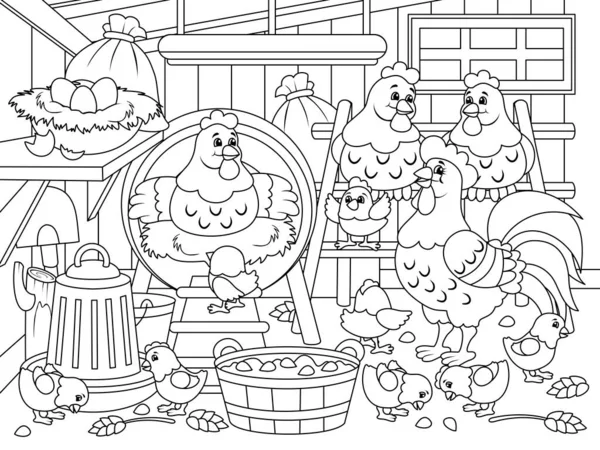 Locales agrícolas, gallinero. Aves de granja, familia de gallinas. Ilustración vectorial, libro para colorear para niños. — Vector de stock