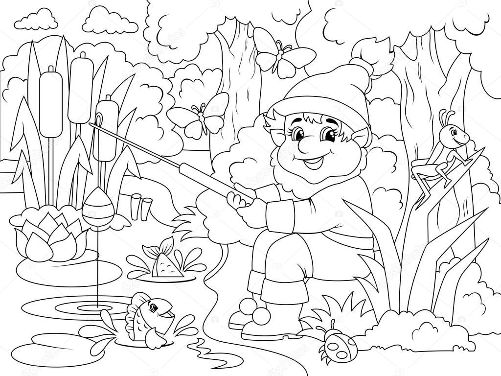 Cheerful gnome on a fishing trip. Vector illustration, page coloring book.