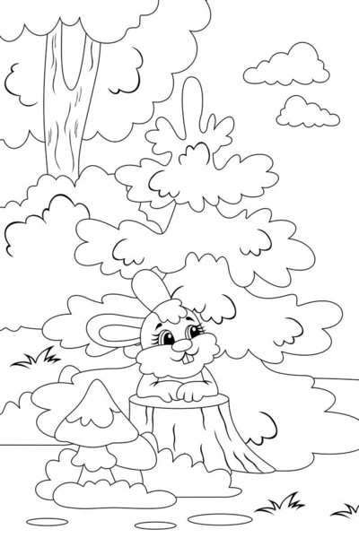 Hare sits on tree stump. Against background of forest. Vector illustration, coloring book. — ストックベクタ