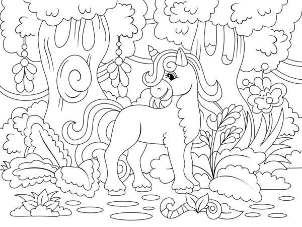 Cheerful unicorn in the magical forest. Raster illustration, children coloring book. — Stockfoto