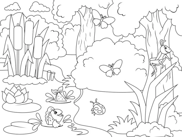 Bank of the river in the forest. Different characters, fish, insects and nature coloring book. — ストックベクタ