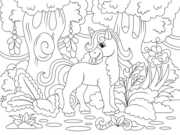 Cheerful unicorn in the magical forest. Vector illustration, children coloring book. — стоковый вектор