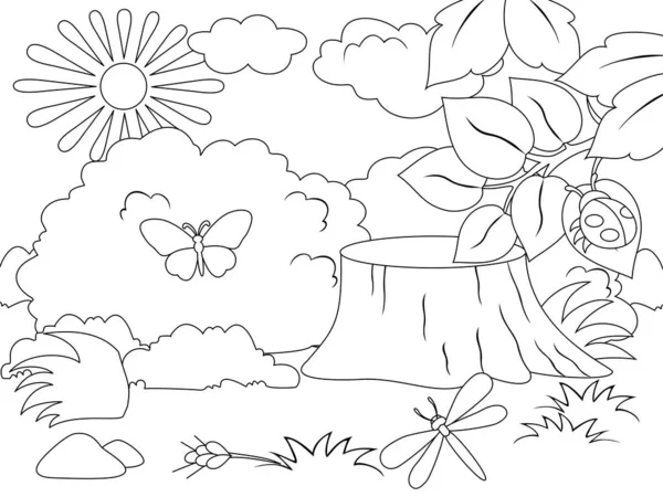 Natural meadow. Vector illustration, page for printable coloring book. — ストックベクタ