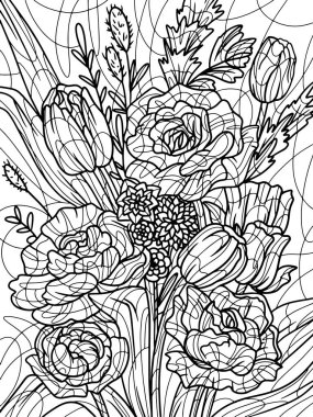 Farklı çiçeklerden bir buket. Çocuklar ve yetişkinler için boyama kitabı antistresi. Beyaz arkaplanda resim.