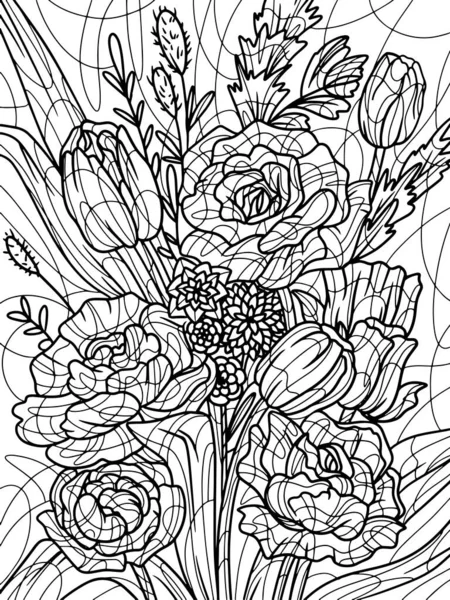 Bouquet of different flowers. Coloring book antistress for children and adults. Illustration on white background.