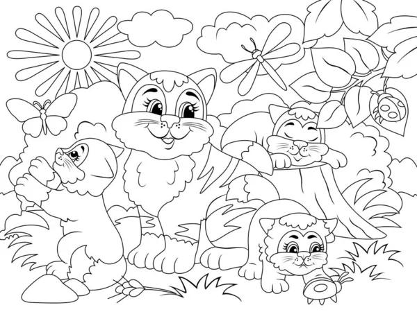 Madre gato y gatitos juegan. Naturaleza en el fondo. Ilustración de trama, libro para colorear para niños. — Foto de Stock