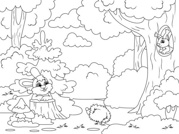Clareira florestal com animais. Ilustração vetorial, crianças livro para colorir. — Vetor de Stock