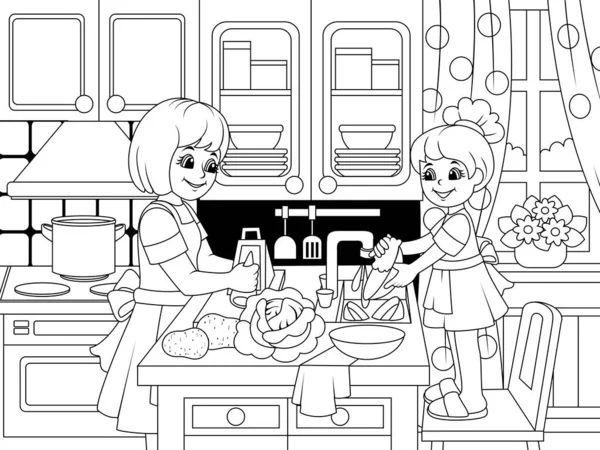 Interno della cucina. La mamma insegna a sua figlia come cucinare, lavare i piatti e fare le faccende domestiche. Illustrazione vettoriale, libro da colorare per bambini. — Vettoriale Stock