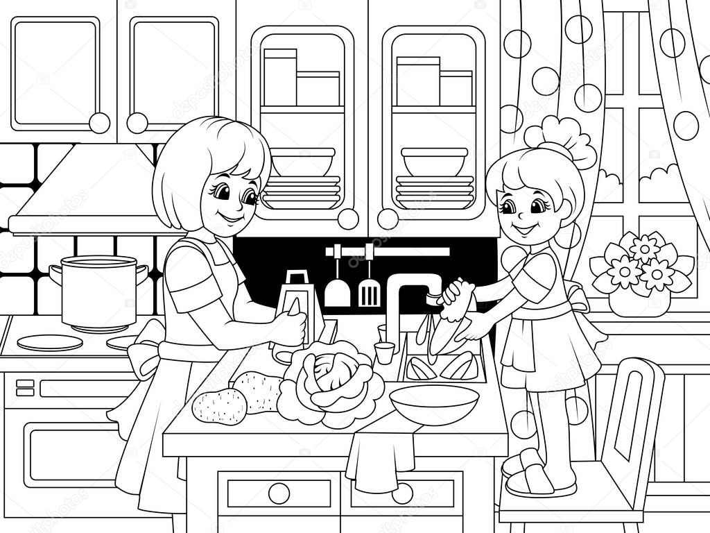 Kitchen interier. Mom teaches her daughter how to cook, wash dishes and do household chores. Vector illustration, children coloring book.