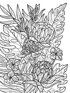 Dikenli tarla çiçekleri, buket. Çizgileri olan bir arka plan. Vektör illüstrasyonu, boyama kitabı.