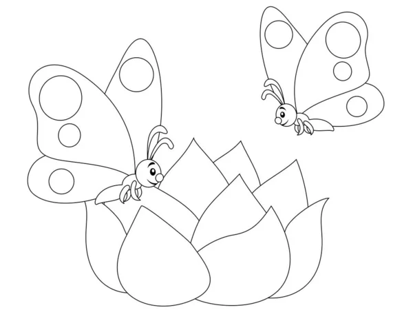 Two butterflies fly over a blossoming flower, isolated drawing. Vector illustration, coloring book. — ストックベクタ