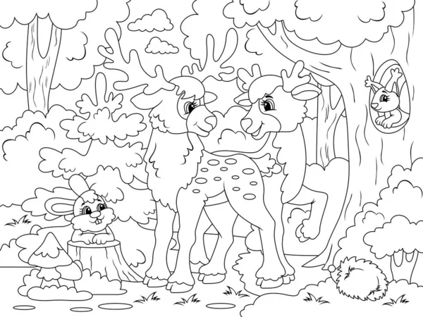 Forest and wild animals, deer and forest dwellers. Vector illustration, children coloring book. — 스톡 벡터