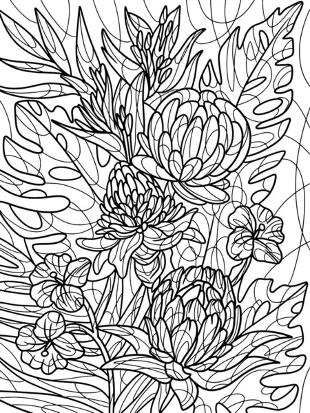 Mix of field flowers with thorns. Background with lines. Raster illustration, coloring book. — ストック写真