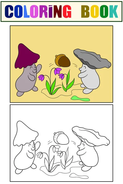Set of coloring book and color picture. Living mushroom, characters are playing with an acorn. — Foto de Stock