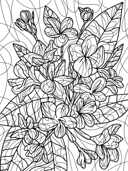 Plumeria flowers with thorns, bouquet. Coloring book antistress for children and adults. — Vector de stock