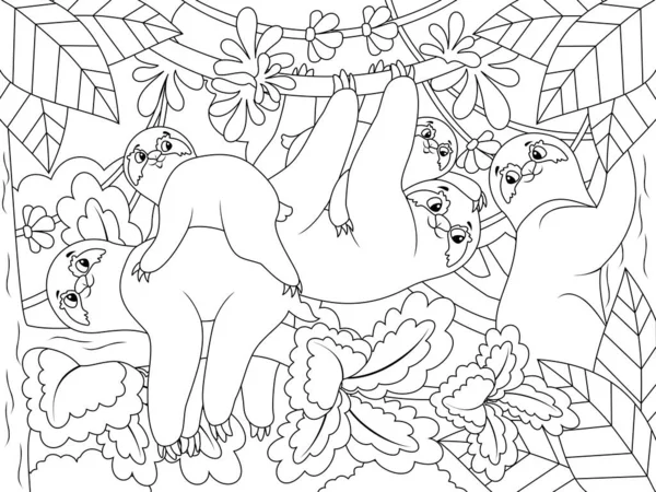 Family of sloths on tree branches and lianas. Cartoon coloring poster. — стоковое фото