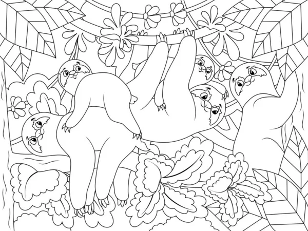 Family of sloths on tree branches and lianas. Cartoon coloring poster.