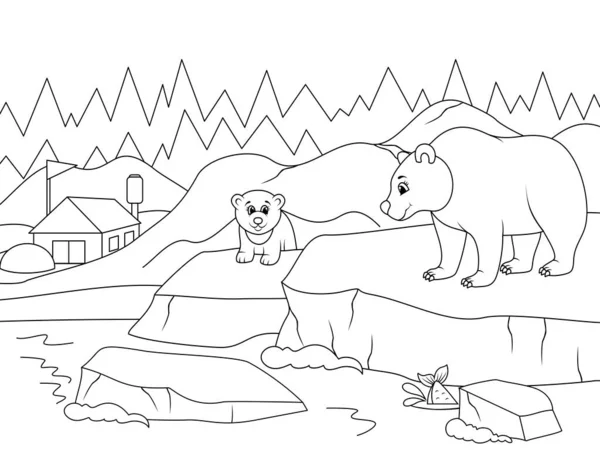 在北极的一个北极熊家庭。妈妈和孩子，风景。Raster, page for printable children coloring book. — 图库照片