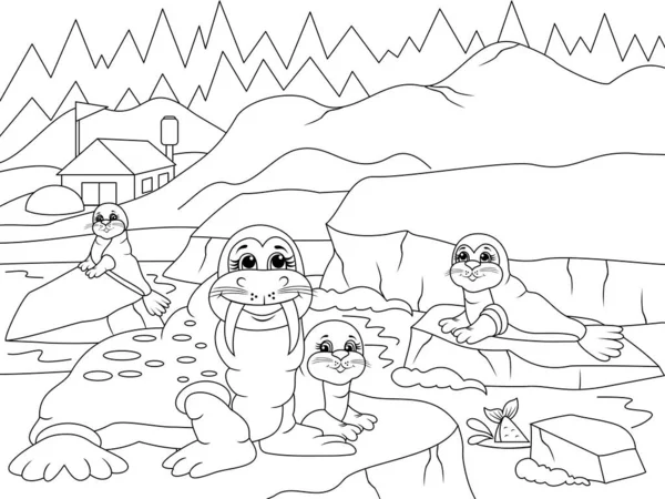 A family of walrus at the North Pole. Mom and child, landscape coloring book. —  Vetores de Stock