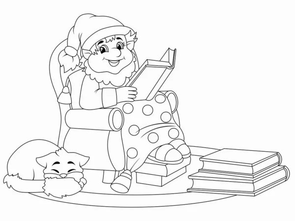 Cheerful gnome is reading a book in an armchair. Cozy room. Raster, page for printable children coloring book. — Stock fotografie