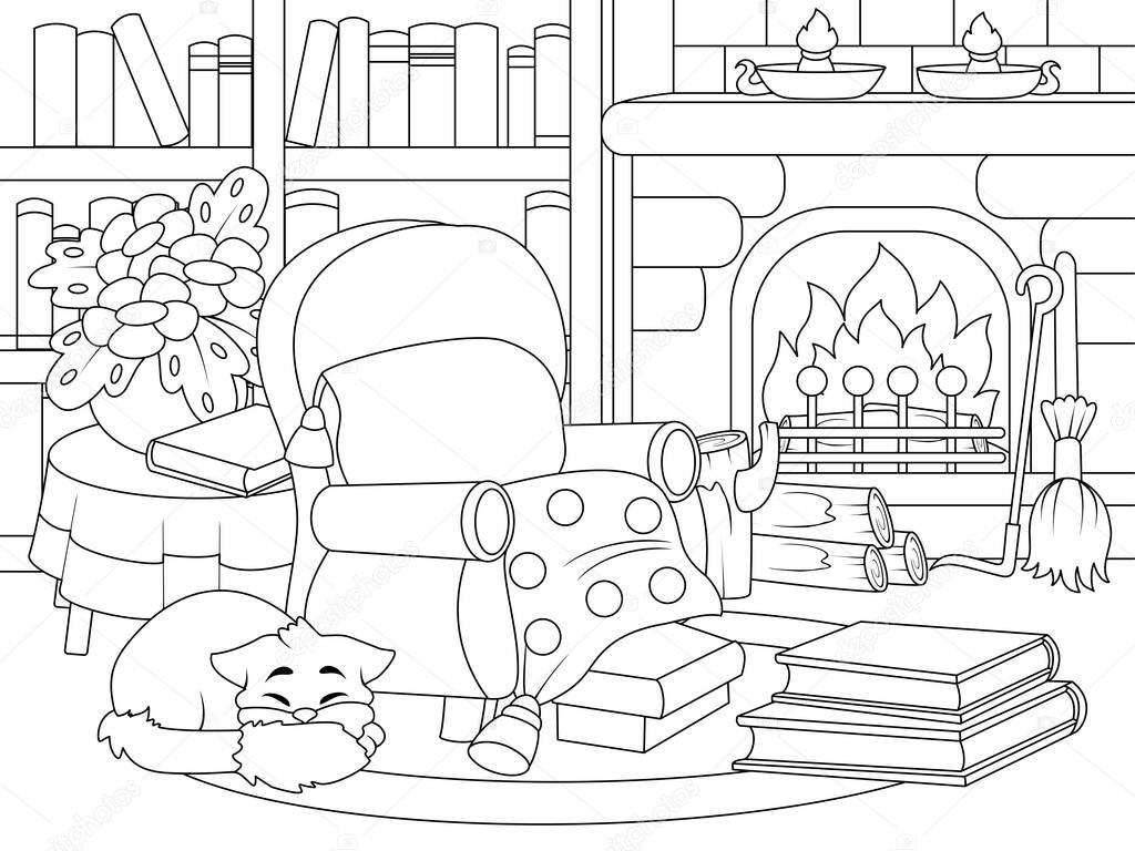 Home library interior with fireplace and cat. Cozy room. Raster, page for printable children coloring book.