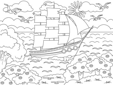 Ship sails on the waves. Big sailboat and the nature of the island. Vector page for printable children coloring book.