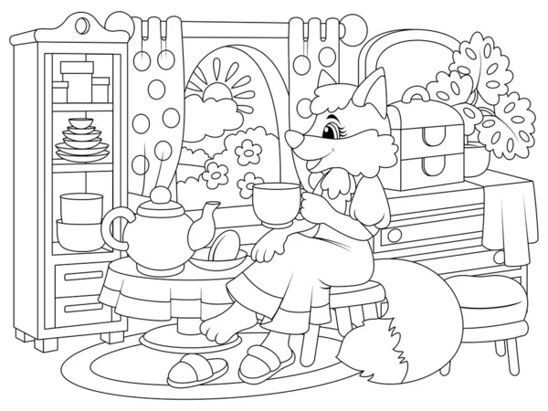 Cheerful character, the fox sits near the window and drinks tea. House interior, furniture. Vector, page for printable children coloring book. — Stok Vektör