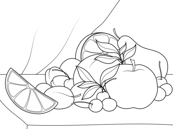 Still life of fruit. Vector, page for printable children coloring book. — Stok Vektör