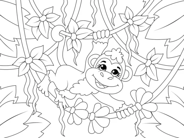 La scimmia cavalca Liana. Animali selvatici nella natura selvaggia. Vettore, pagina per bambini stampabili libro da colorare. — Vettoriale Stock