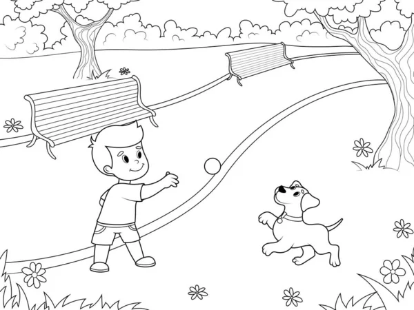 男孩和他的宠物在城市公园玩耍。狗抓小球。人类户外运动快乐小狗。可打印儿童彩色书页. — 图库矢量图片