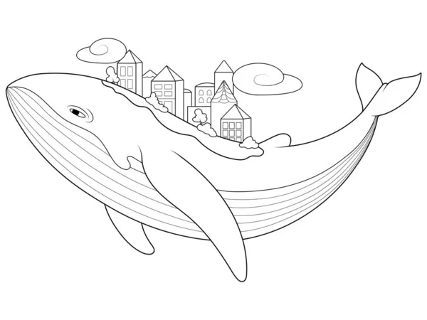 Houses town city on the back of a whale. Vector, page for printable children coloring book. — ストックベクタ