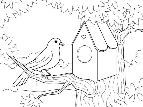 Barevné obrázky s ptačí budkou a ptákem. Vektor, stránka pro tisknutelné dětské omalovánky. — Stockový vektor