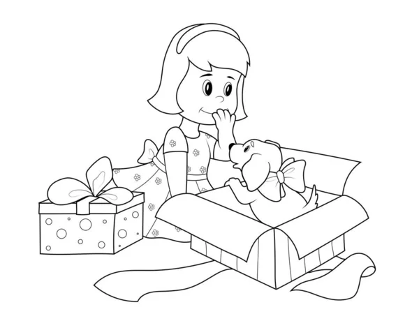 A girl opens a gift, a puppy in a gift box. Vector, page for printable children coloring book. — Stok Vektör