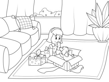 A girl opens a gift, a puppy in a gift box. Room interior. Raster, page for printable children coloring book.