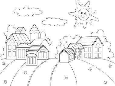 Landscape, a village of houses and fields. Raster, page for printable children coloring book. clipart