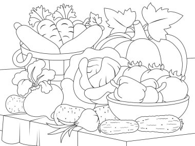 Still life of vegetables. Raster, page for printable children coloring book.