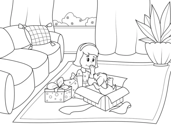 A girl opens a gift, a puppy in a gift box. Room interior. Raster, page for printable children coloring book. — Stockfoto