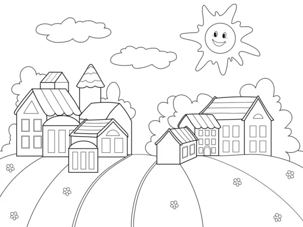 Landscape, a village of houses and fields. Raster, page for printable children coloring book. —  Fotos de Stock