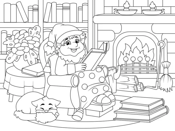 Gnome vesel este citind o carte într-un fotoliu. Cameră confortabilă, bibliotecă. Vector, pagina pentru copii imprimabile carte de colorat. — Vector de stoc