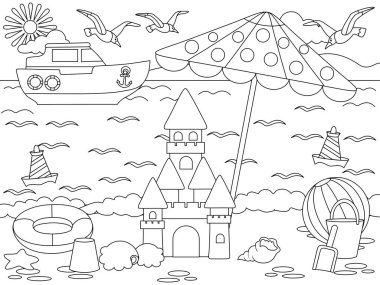 Beach, sand games. Yacht at sea. Children play on the beach, sand castle. Raster, black stroke, white background.